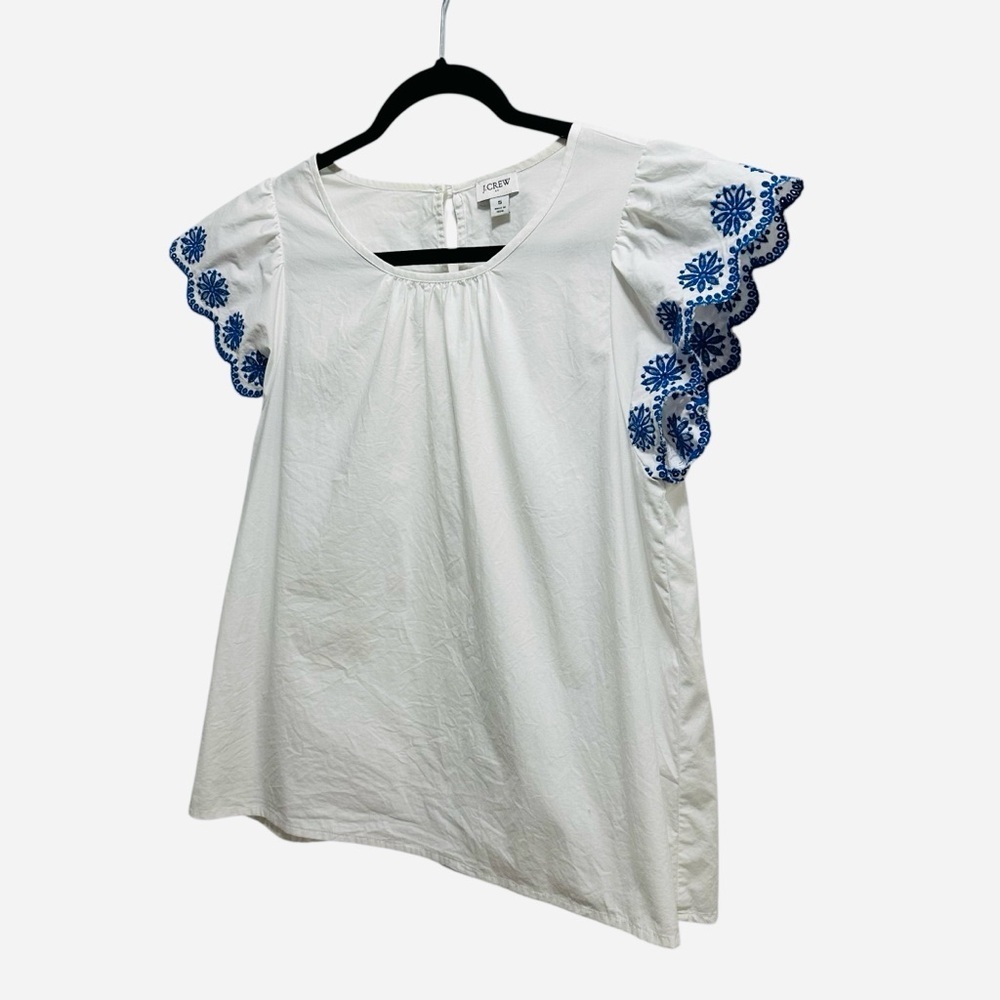 J. Crew embroidered flutter sleeve top white with blue scalloped sleeves Small - Picture 3 of 12